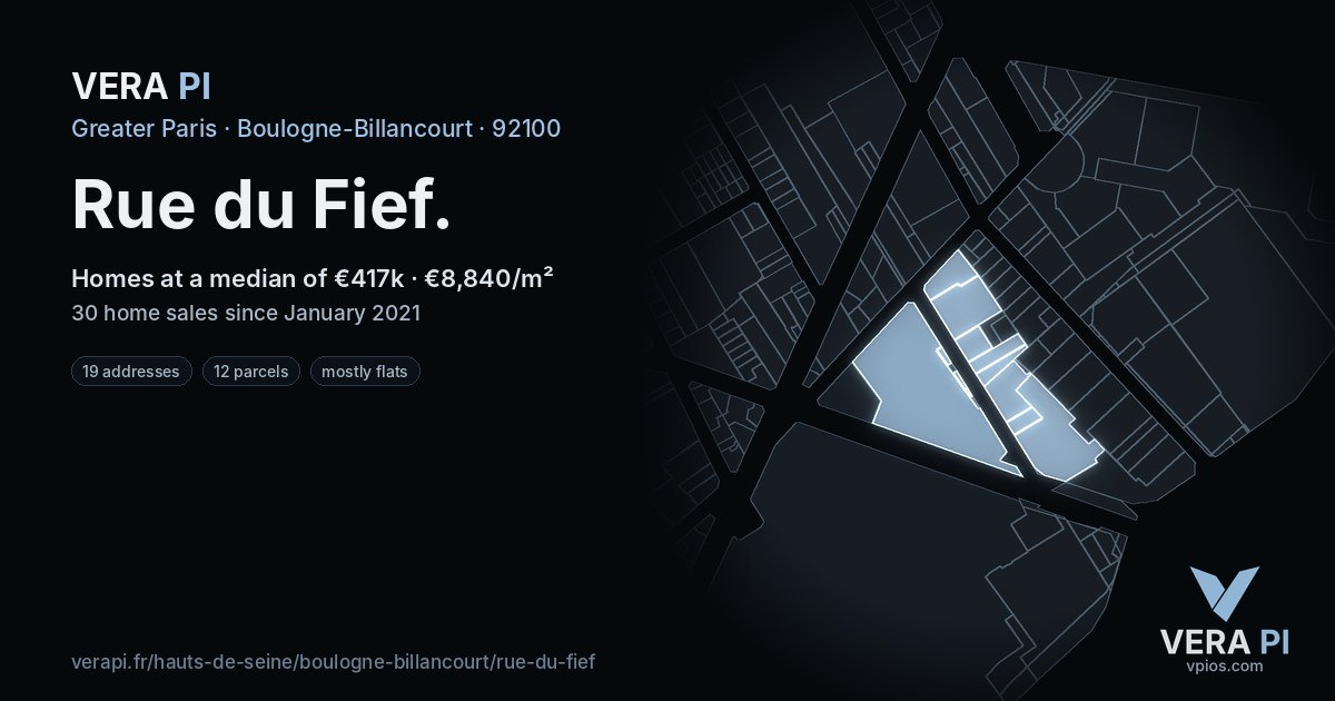 Rue du Fief, Boulogne-Billancourt at night – every parcel coloured by the prices around it, the street's own parcels lit