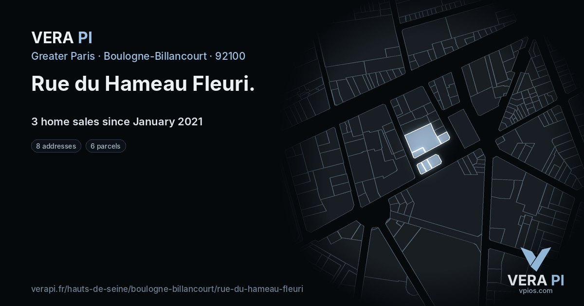Rue du Hameau Fleuri, Boulogne-Billancourt at night – every parcel coloured by the prices around it, the street's own parcels lit