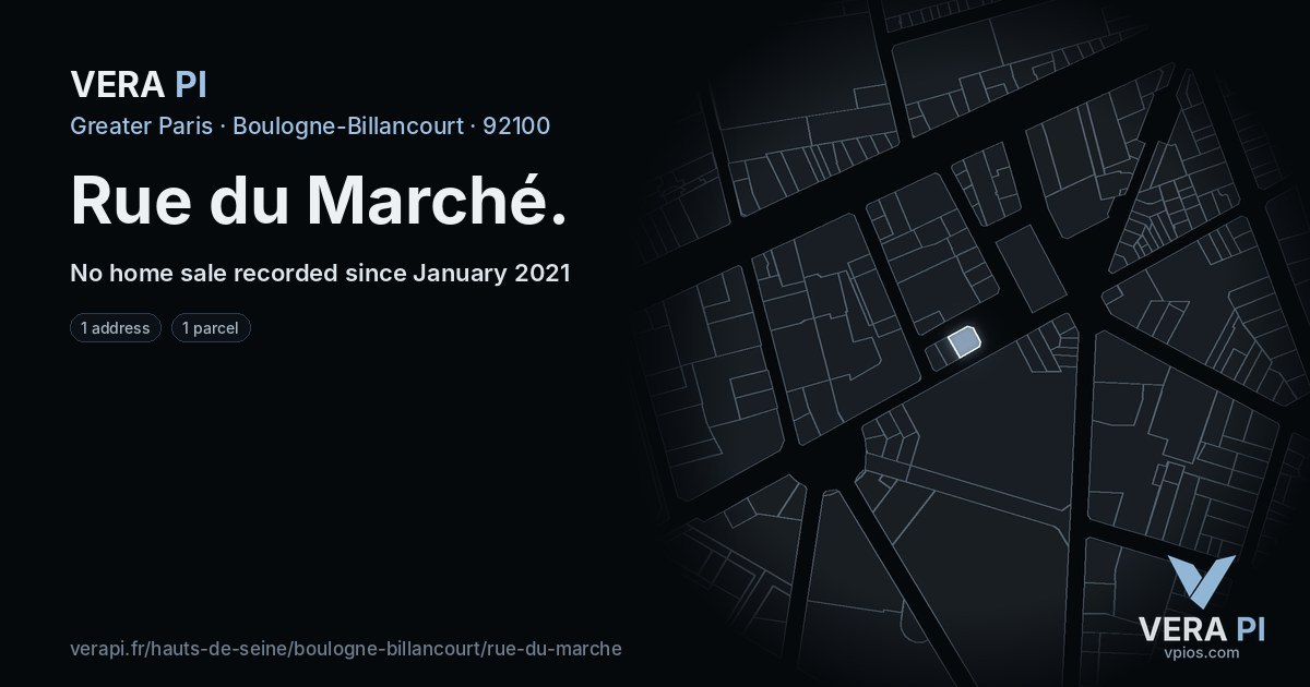 Rue du Marché, Boulogne-Billancourt at night – every parcel coloured by the prices around it, the street's own parcels lit