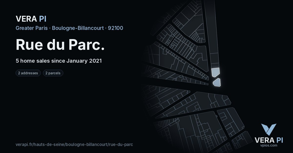 Rue du Parc, Boulogne-Billancourt at night – every parcel coloured by the prices around it, the street's own parcels lit