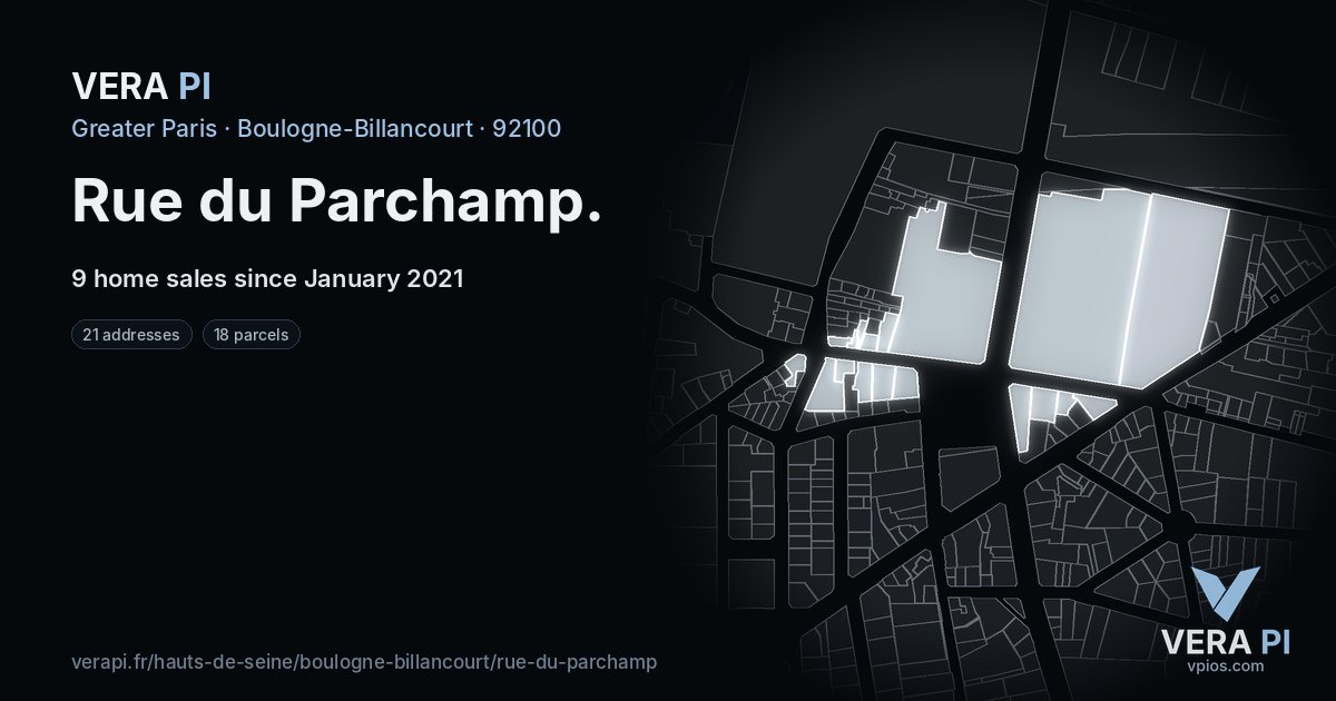Rue du Parchamp, Boulogne-Billancourt at night – every parcel coloured by the prices around it, the street's own parcels lit