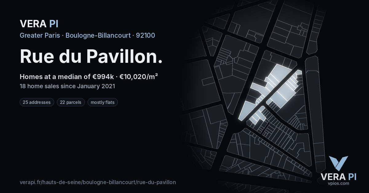 Rue du Pavillon, Boulogne-Billancourt at night – every parcel coloured by the prices around it, the street's own parcels lit