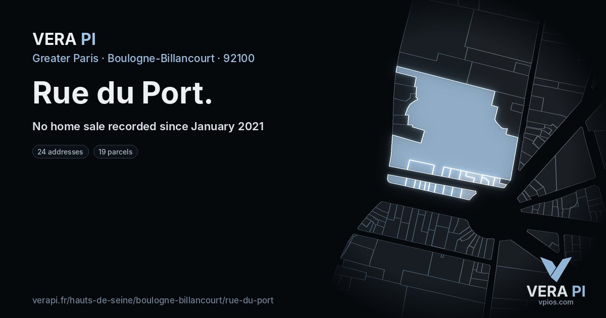 Rue du Port, Boulogne-Billancourt at night – every parcel coloured by the prices around it, the street's own parcels lit