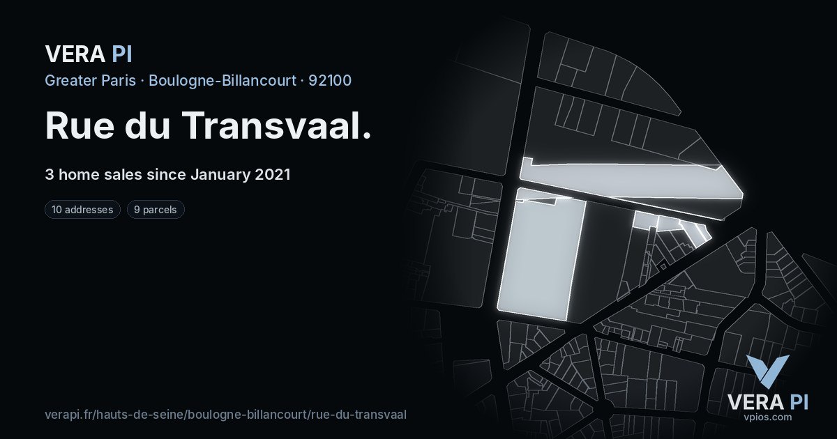 Rue du Transvaal, Boulogne-Billancourt at night – every parcel coloured by the prices around it, the street's own parcels lit