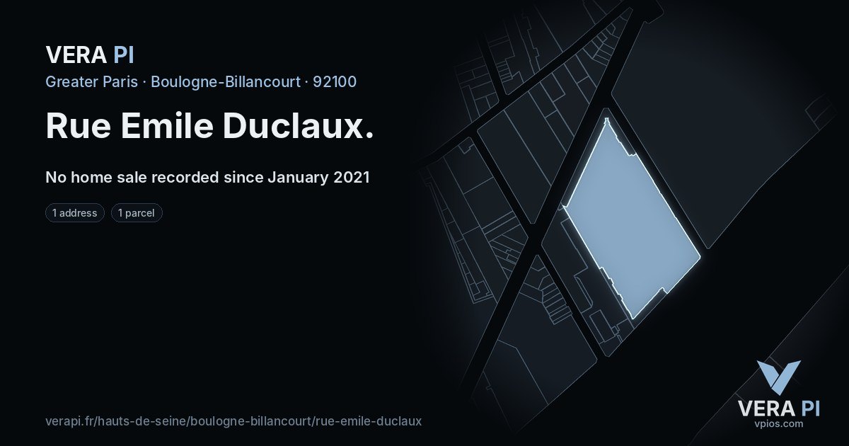Rue Emile Duclaux, Boulogne-Billancourt at night – every parcel coloured by the prices around it, the street's own parcels lit