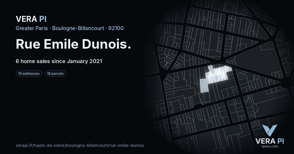 Rue Emile Dunois, Boulogne-Billancourt at night – every parcel coloured by the prices around it, the street's own parcels lit