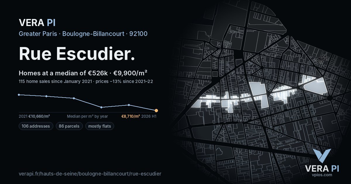 Rue Escudier, Boulogne-Billancourt at night – every parcel coloured by the prices around it, the street's own parcels lit