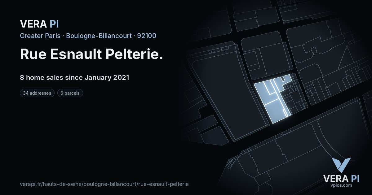 Rue Esnault Pelterie, Boulogne-Billancourt at night – every parcel coloured by the prices around it, the street's own parcels lit