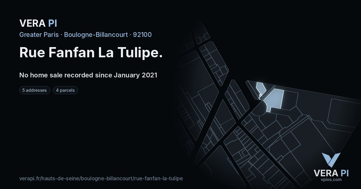 Rue Fanfan La Tulipe, Boulogne-Billancourt at night – every parcel coloured by the prices around it, the street's own parcels lit