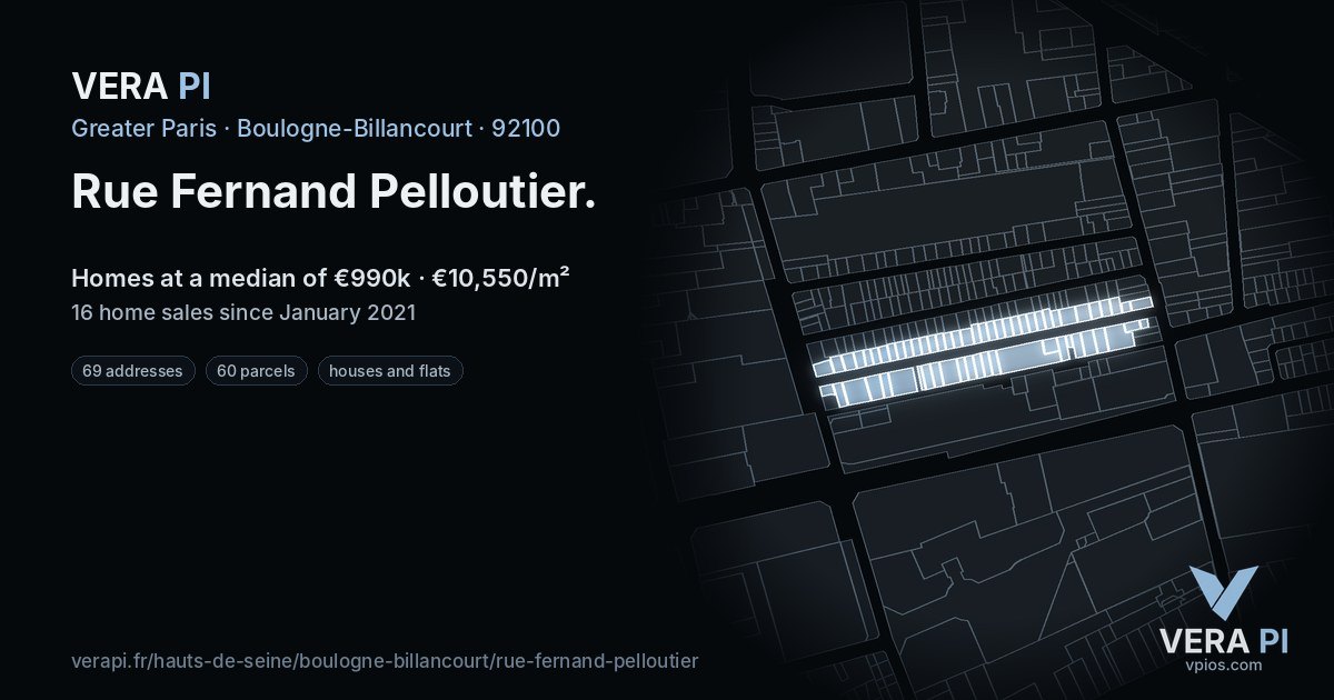 Rue Fernand Pelloutier, Boulogne-Billancourt at night – every parcel coloured by the prices around it, the street's own parcels lit