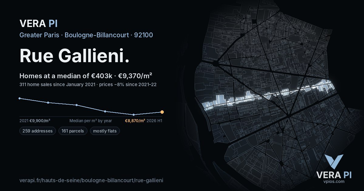 Rue Gallieni, Boulogne-Billancourt at night – every parcel coloured by the prices around it, the street's own parcels lit