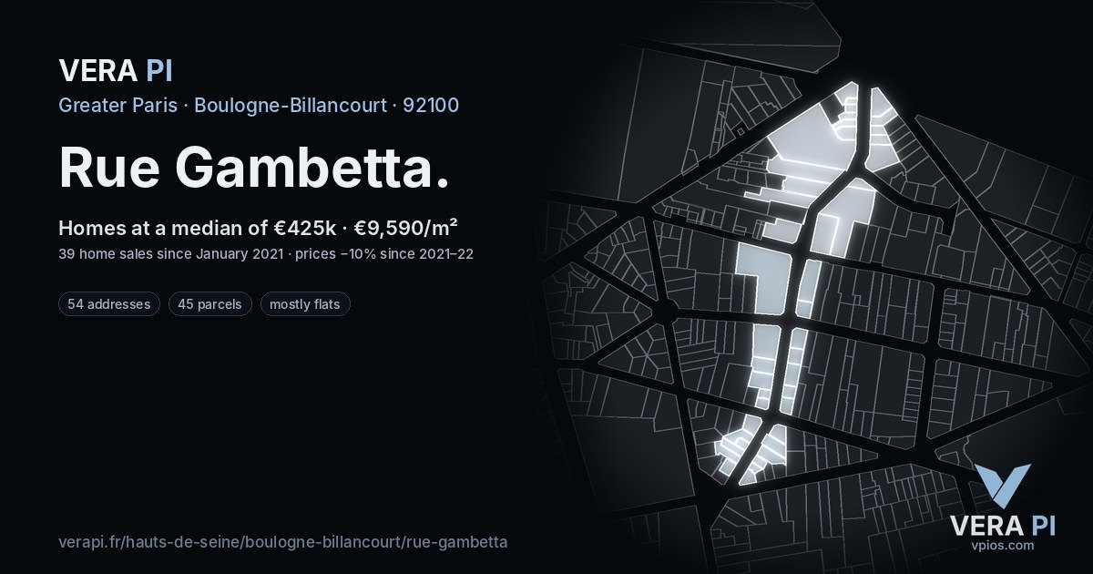 Rue Gambetta, Boulogne-Billancourt at night – every parcel coloured by the prices around it, the street's own parcels lit