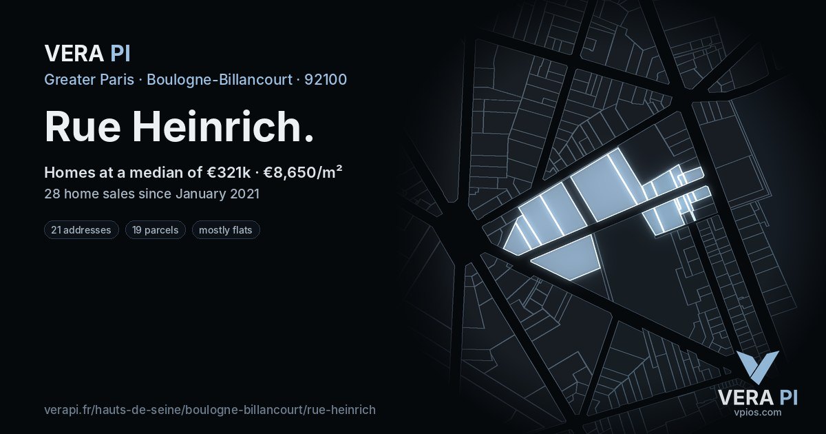 Rue Heinrich, Boulogne-Billancourt at night – every parcel coloured by the prices around it, the street's own parcels lit