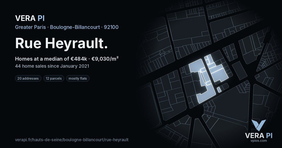 Rue Heyrault, Boulogne-Billancourt at night – every parcel coloured by the prices around it, the street's own parcels lit