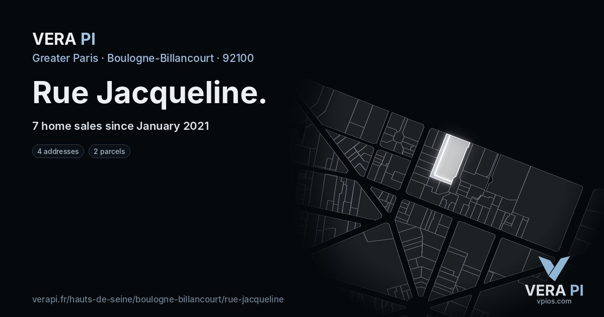 Rue Jacqueline, Boulogne-Billancourt at night – every parcel coloured by the prices around it, the street's own parcels lit