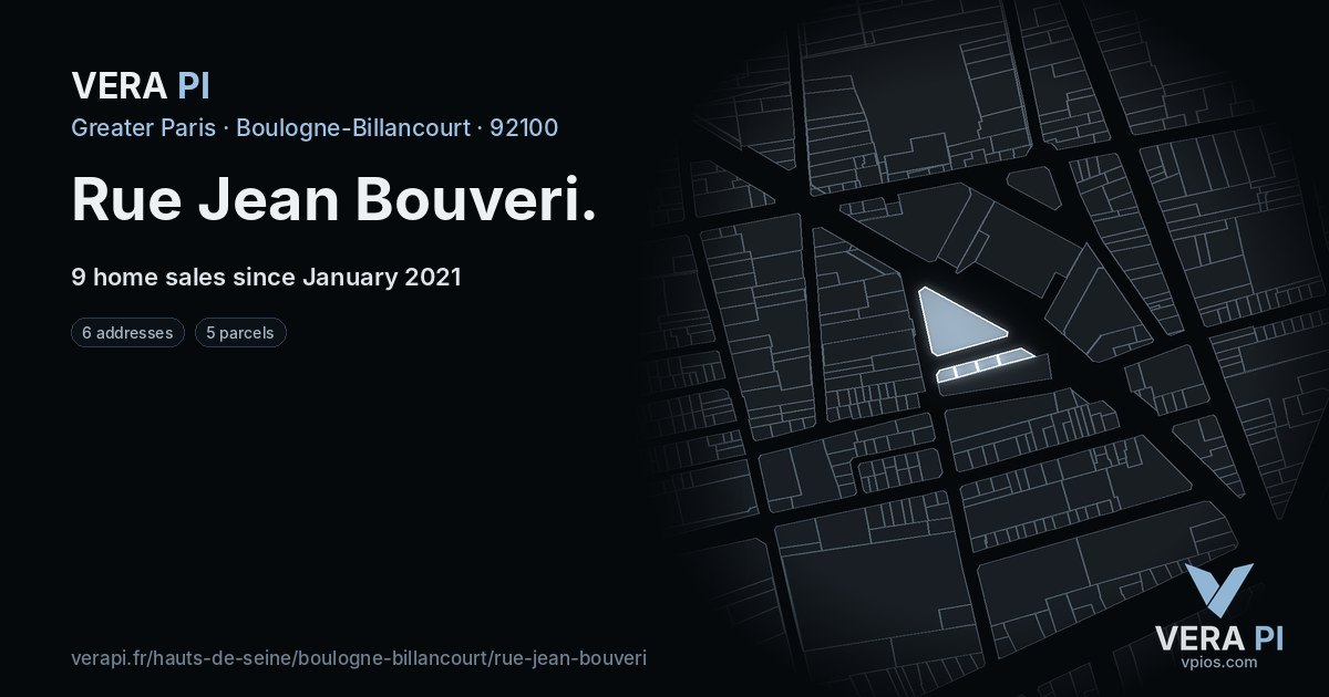 Rue Jean Bouveri, Boulogne-Billancourt at night – every parcel coloured by the prices around it, the street's own parcels lit