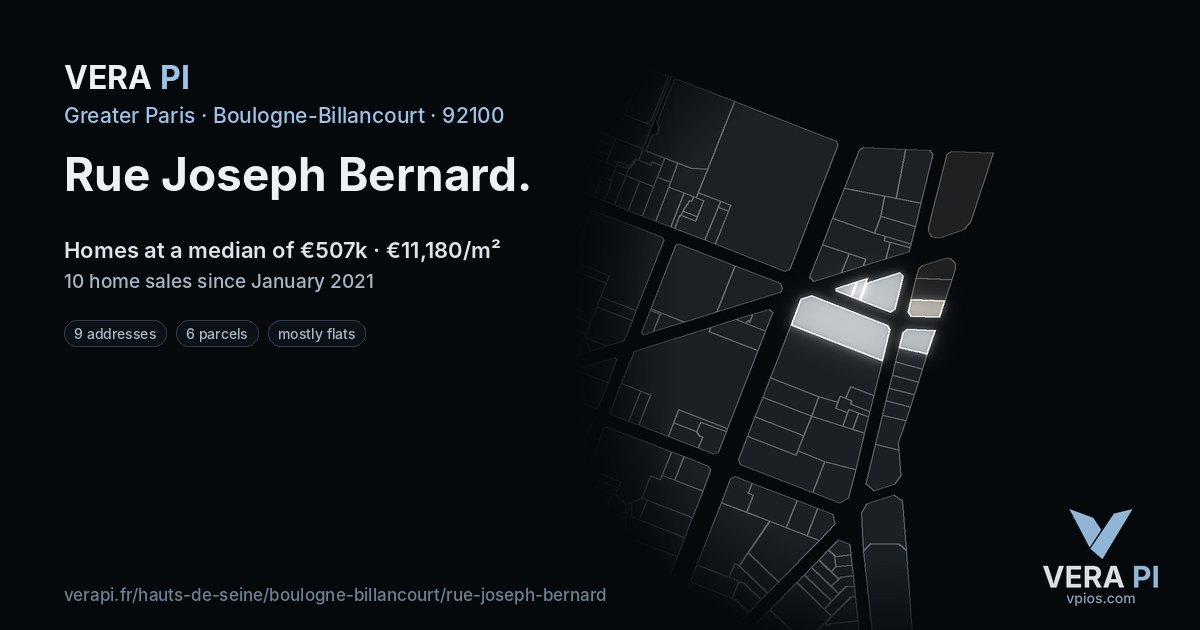 Rue Joseph Bernard, Boulogne-Billancourt at night – every parcel coloured by the prices around it, the street's own parcels lit