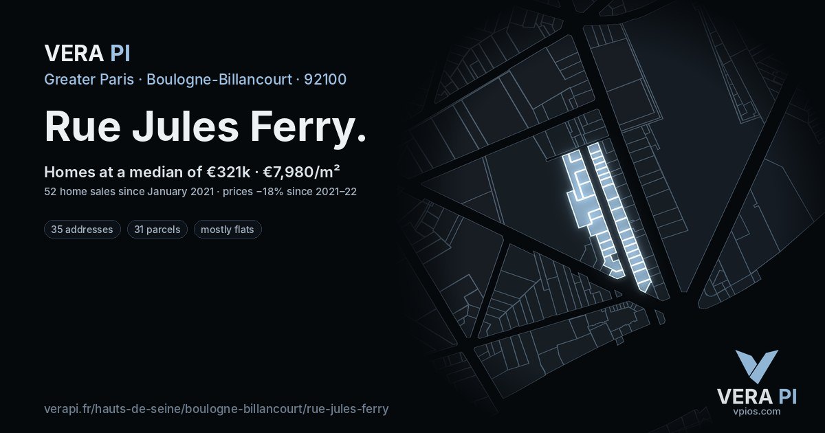 Rue Jules Ferry, Boulogne-Billancourt at night – every parcel coloured by the prices around it, the street's own parcels lit