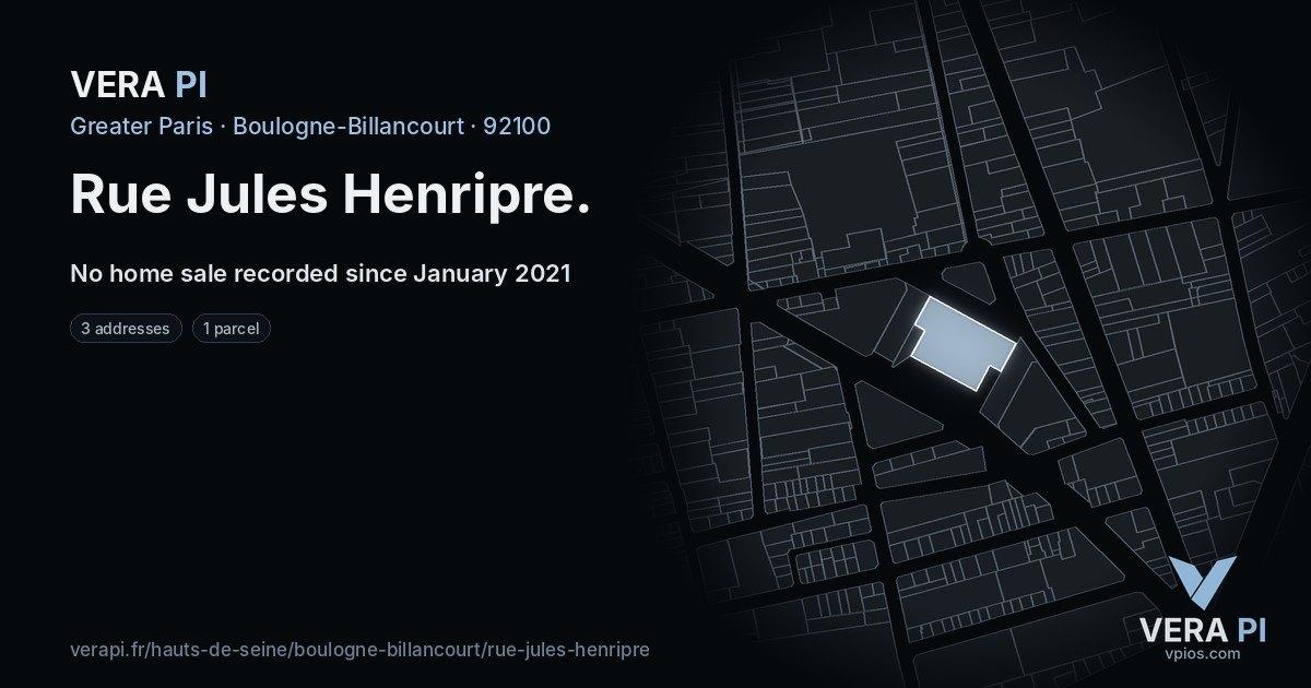 Rue Jules Henripre, Boulogne-Billancourt at night – every parcel coloured by the prices around it, the street's own parcels lit