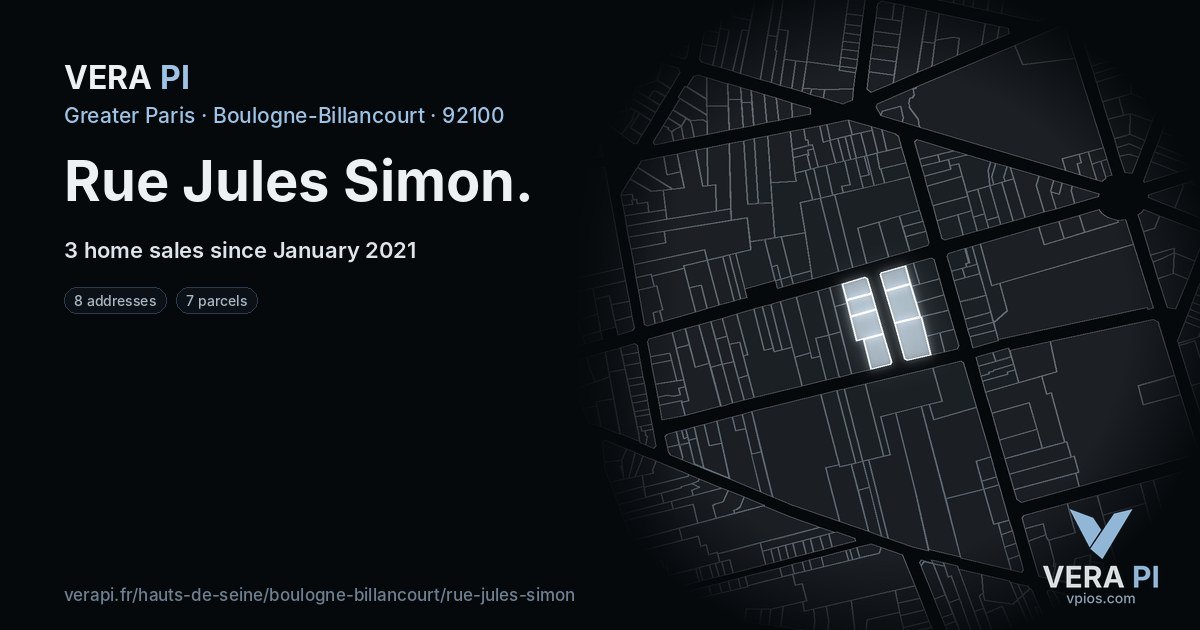 Rue Jules Simon, Boulogne-Billancourt at night – every parcel coloured by the prices around it, the street's own parcels lit