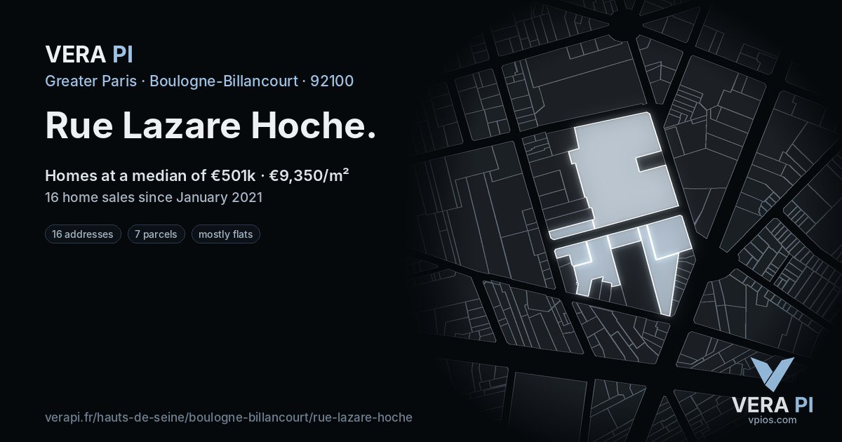 Rue Lazare Hoche, Boulogne-Billancourt at night – every parcel coloured by the prices around it, the street's own parcels lit