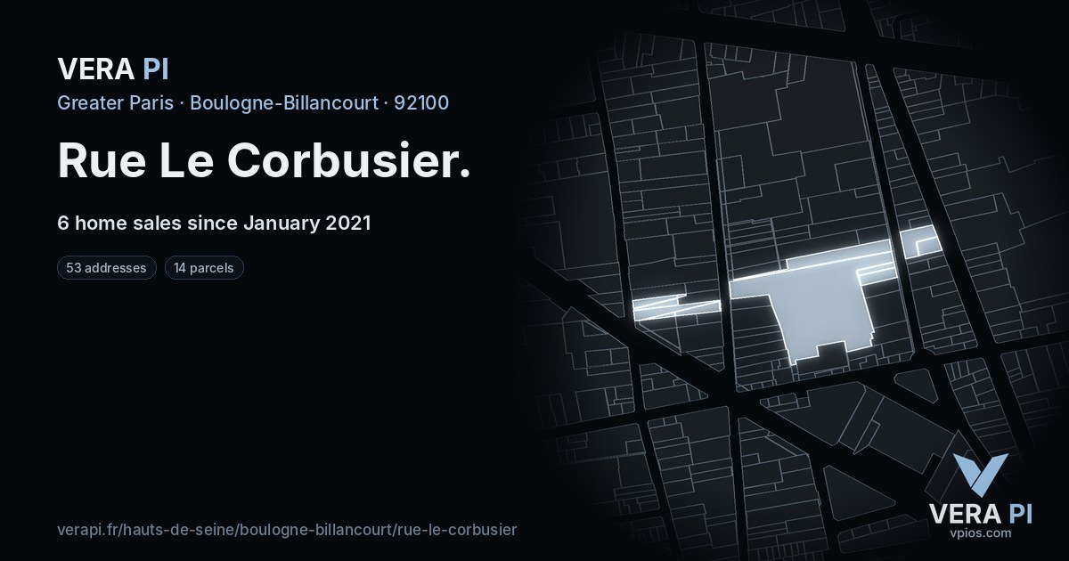 Rue Le Corbusier, Boulogne-Billancourt at night – every parcel coloured by the prices around it, the street's own parcels lit