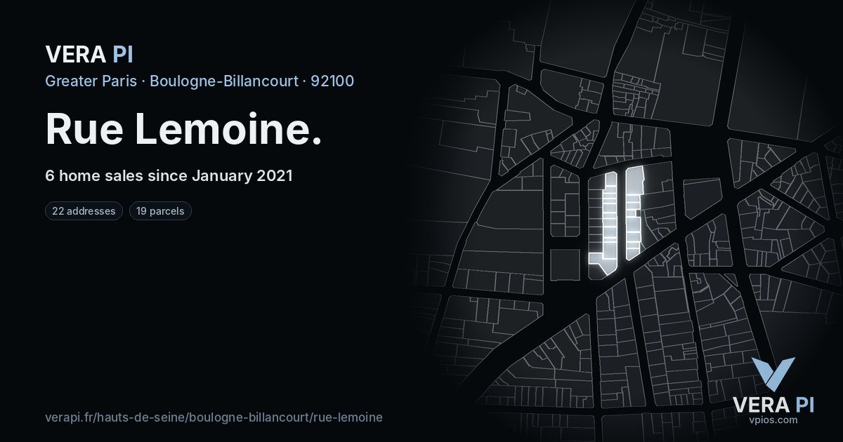 Rue Lemoine, Boulogne-Billancourt at night – every parcel coloured by the prices around it, the street's own parcels lit