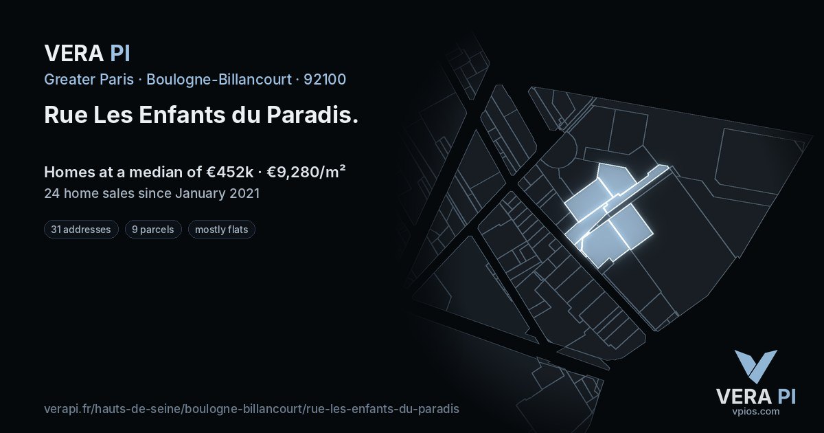 Rue Les Enfants du Paradis, Boulogne-Billancourt at night – every parcel coloured by the prices around it, the street's own parcels lit