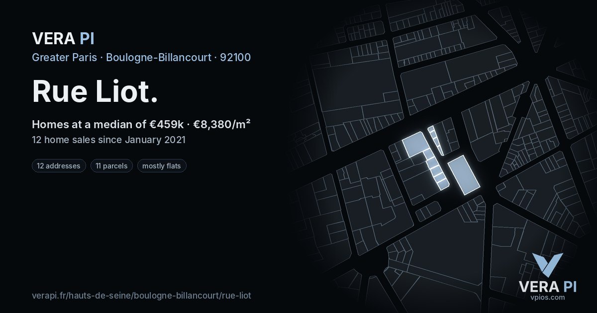 Rue Liot, Boulogne-Billancourt at night – every parcel coloured by the prices around it, the street's own parcels lit