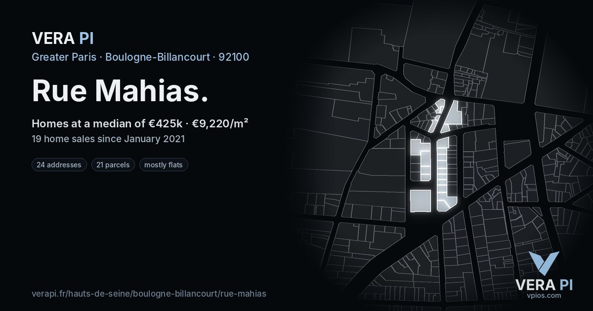 Rue Mahias, Boulogne-Billancourt at night – every parcel coloured by the prices around it, the street's own parcels lit