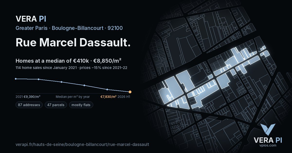 Rue Marcel Dassault, Boulogne-Billancourt at night – every parcel coloured by the prices around it, the street's own parcels lit