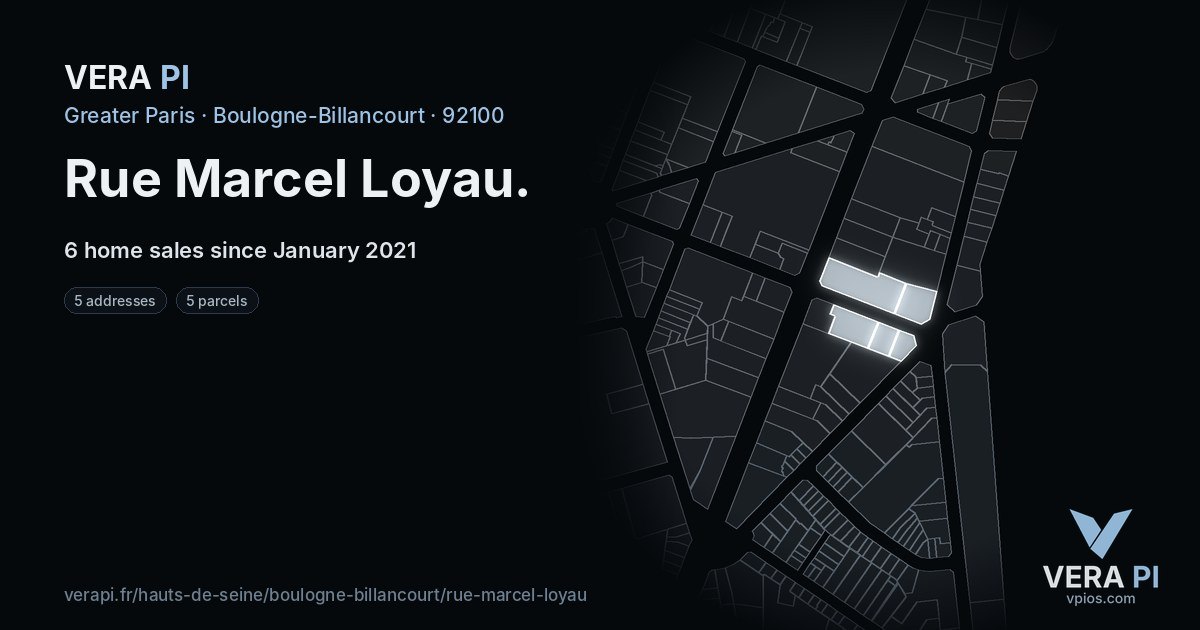 Rue Marcel Loyau, Boulogne-Billancourt at night – every parcel coloured by the prices around it, the street's own parcels lit