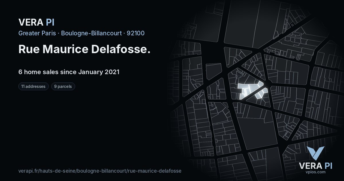 Rue Maurice Delafosse, Boulogne-Billancourt at night – every parcel coloured by the prices around it, the street's own parcels lit
