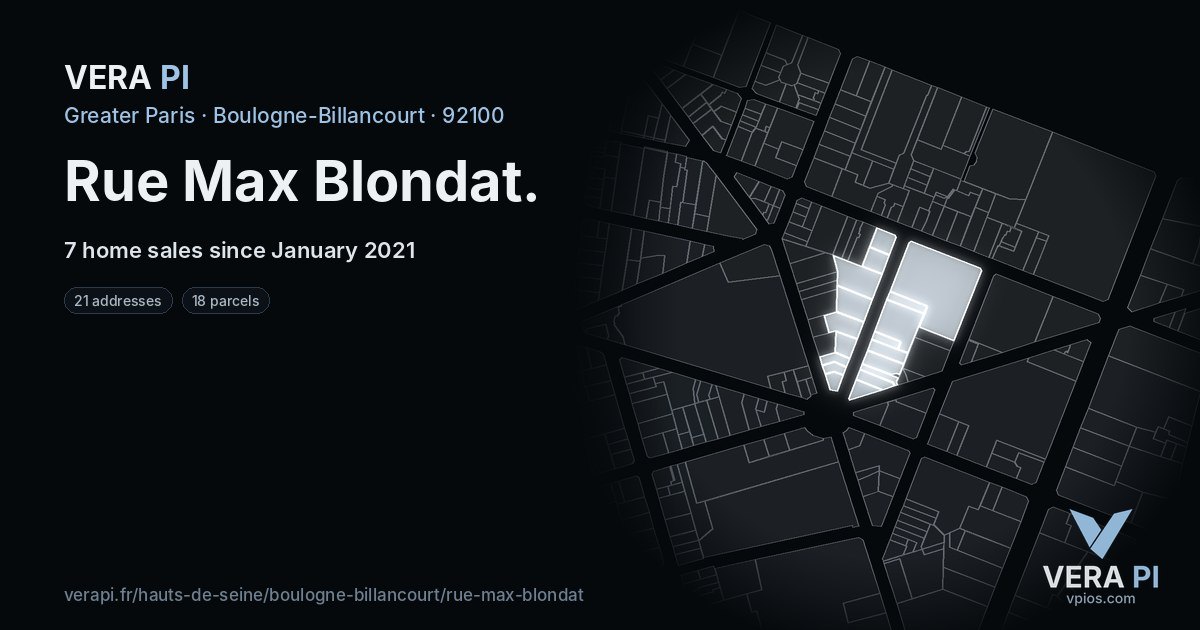 Rue Max Blondat, Boulogne-Billancourt at night – every parcel coloured by the prices around it, the street's own parcels lit