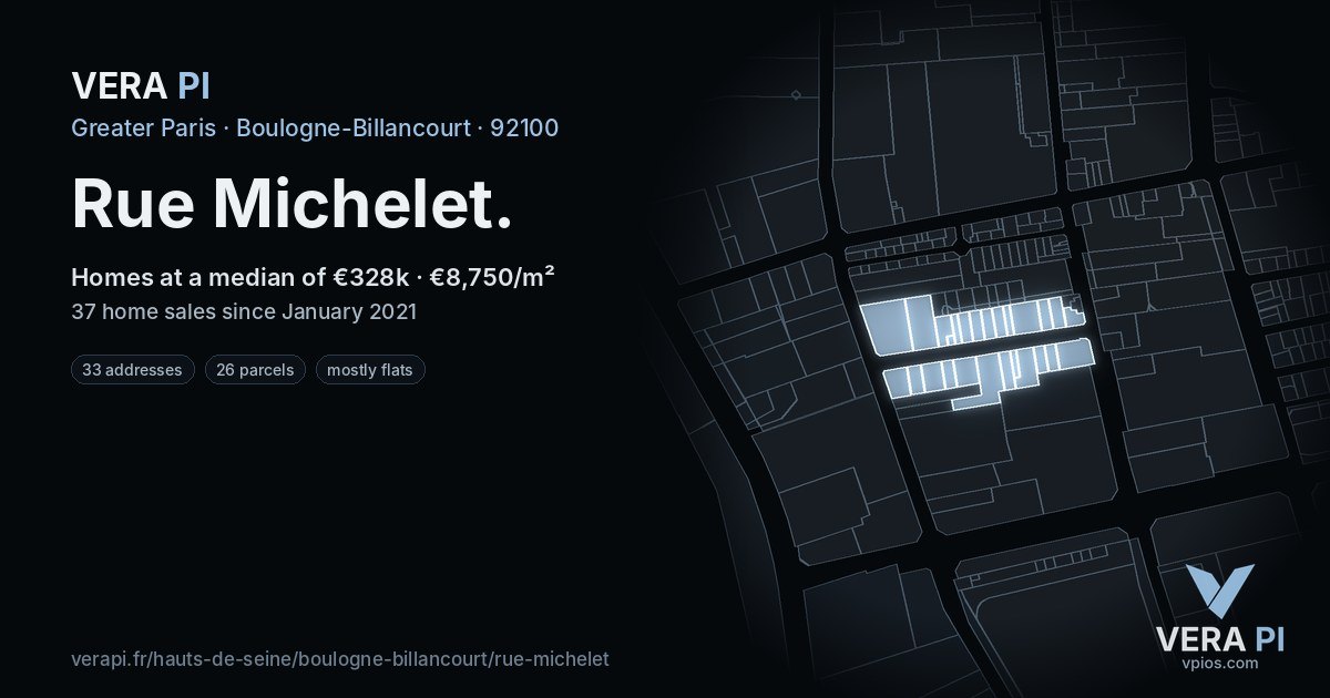 Rue Michelet, Boulogne-Billancourt at night – every parcel coloured by the prices around it, the street's own parcels lit
