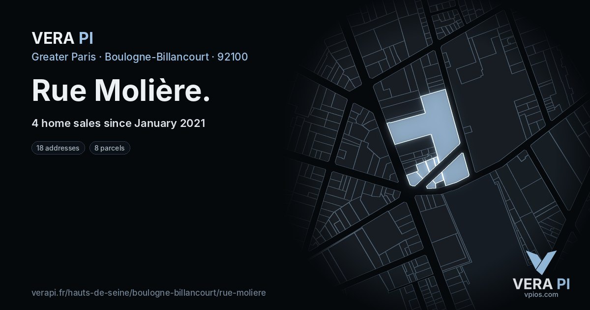 Rue Molière, Boulogne-Billancourt at night – every parcel coloured by the prices around it, the street's own parcels lit