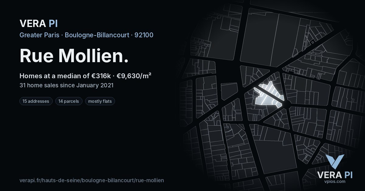 Rue Mollien, Boulogne-Billancourt at night – every parcel coloured by the prices around it, the street's own parcels lit