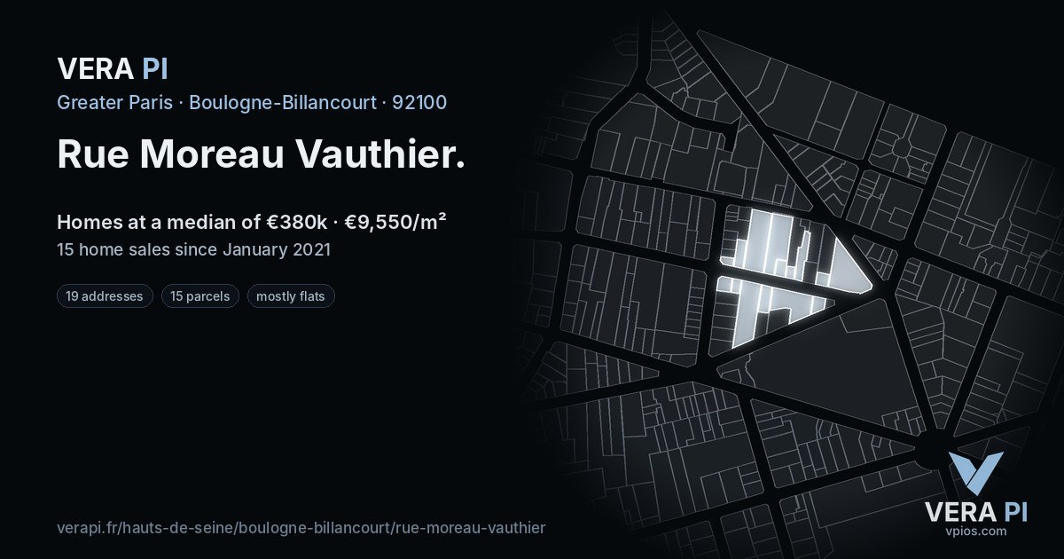Rue Moreau Vauthier, Boulogne-Billancourt at night – every parcel coloured by the prices around it, the street's own parcels lit