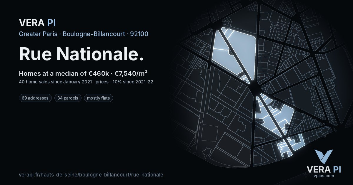 Rue Nationale, Boulogne-Billancourt at night – every parcel coloured by the prices around it, the street's own parcels lit
