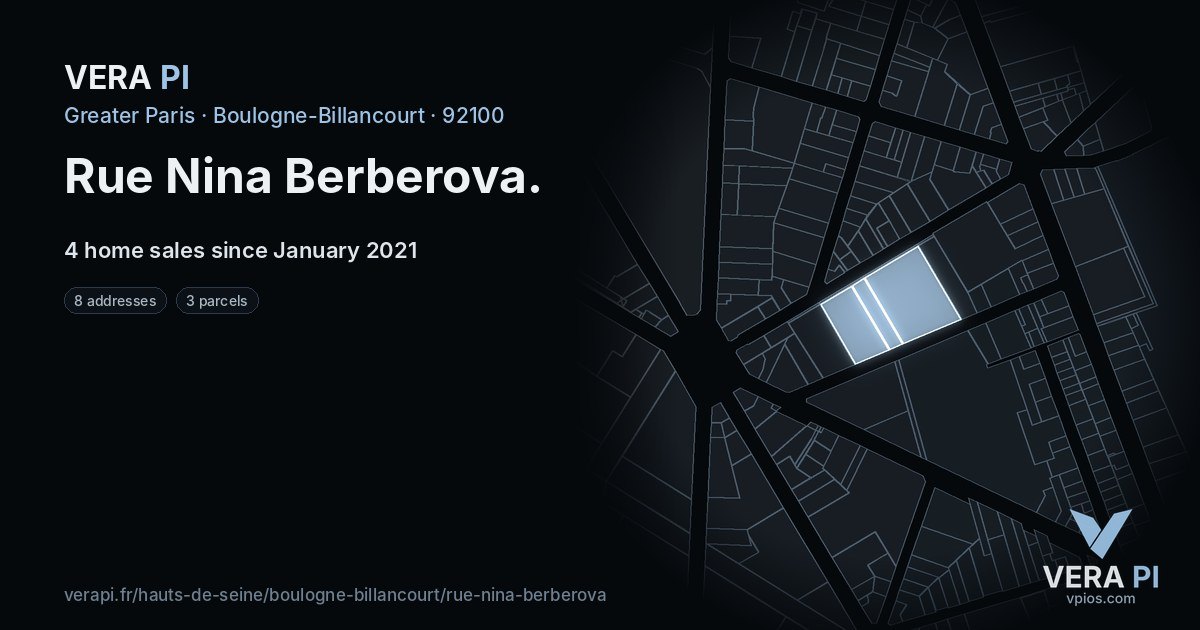 Rue Nina Berberova, Boulogne-Billancourt at night – every parcel coloured by the prices around it, the street's own parcels lit