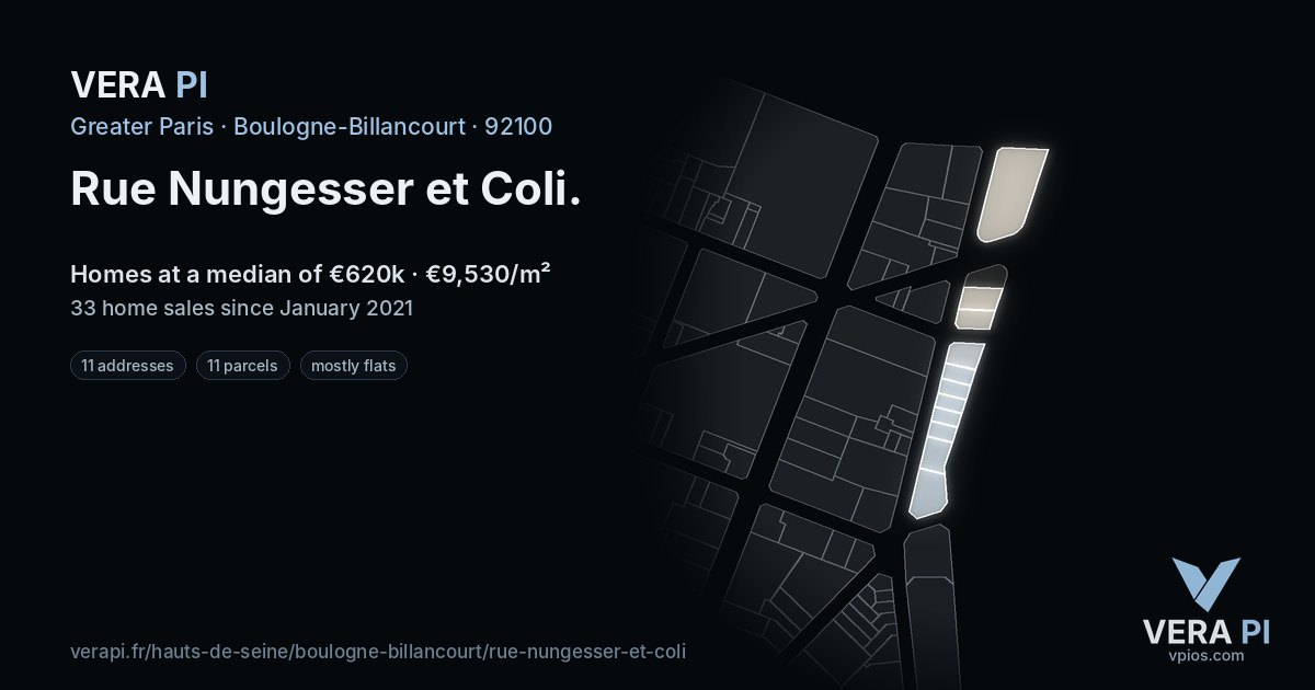 Rue Nungesser et Coli, Boulogne-Billancourt at night – every parcel coloured by the prices around it, the street's own parcels lit