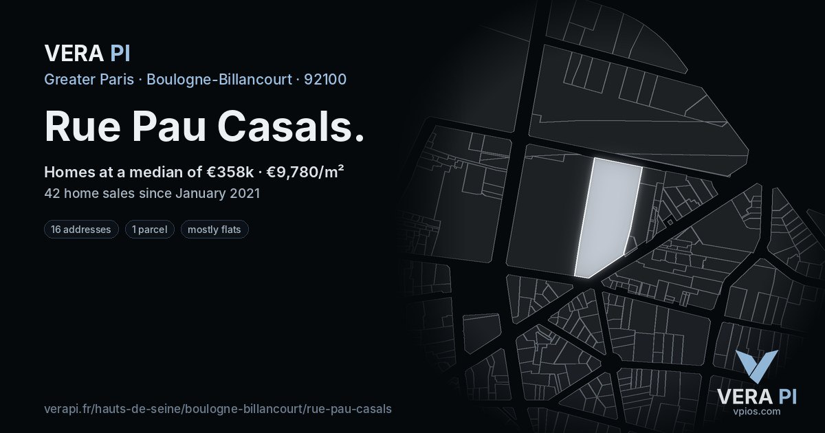 Rue Pau Casals, Boulogne-Billancourt at night – every parcel coloured by the prices around it, the street's own parcels lit