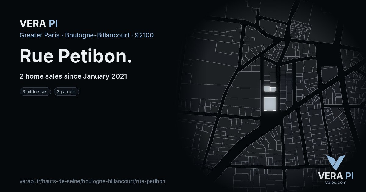 Rue Petibon, Boulogne-Billancourt at night – every parcel coloured by the prices around it, the street's own parcels lit