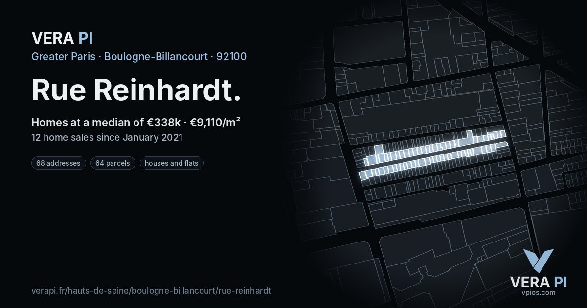 Rue Reinhardt, Boulogne-Billancourt at night – every parcel coloured by the prices around it, the street's own parcels lit