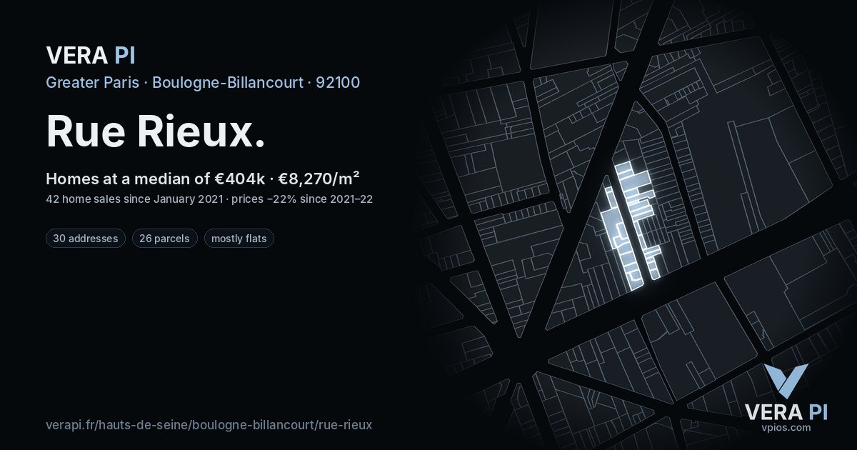 Rue Rieux, Boulogne-Billancourt at night – every parcel coloured by the prices around it, the street's own parcels lit