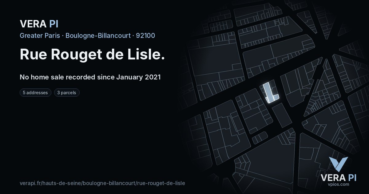 Rue Rouget de Lisle, Boulogne-Billancourt at night – every parcel coloured by the prices around it, the street's own parcels lit