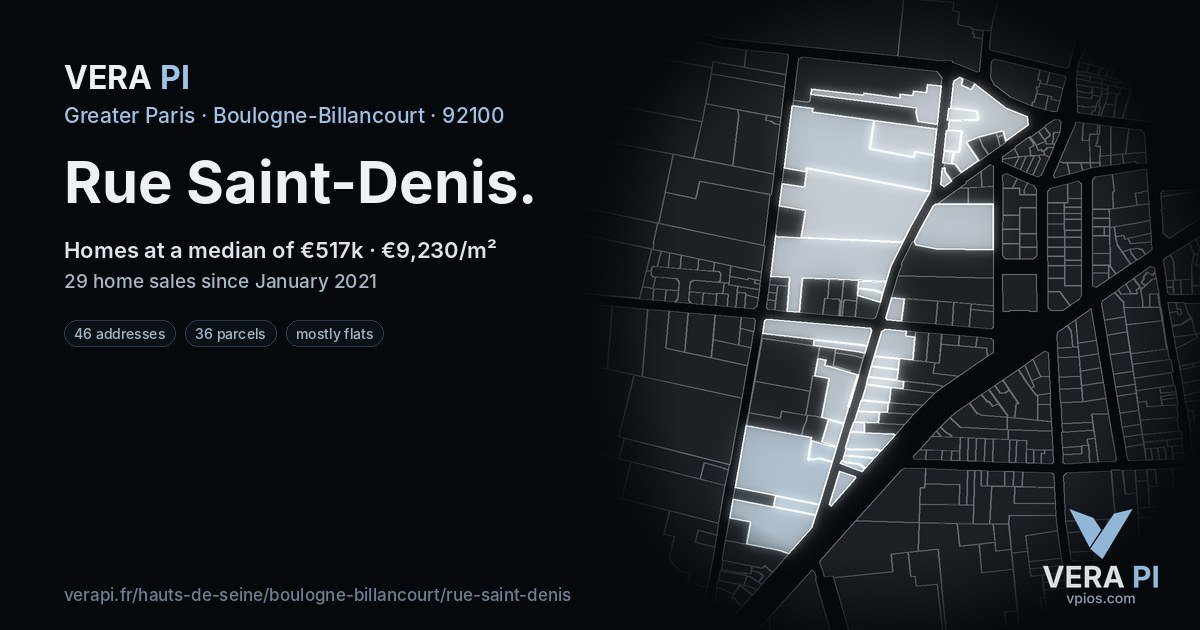 Rue Saint-Denis, Boulogne-Billancourt at night – every parcel coloured by the prices around it, the street's own parcels lit