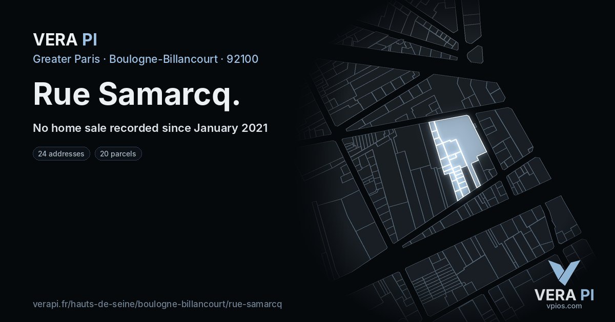 Rue Samarcq, Boulogne-Billancourt at night – every parcel coloured by the prices around it, the street's own parcels lit