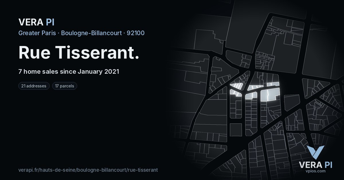 Rue Tisserant, Boulogne-Billancourt at night – every parcel coloured by the prices around it, the street's own parcels lit