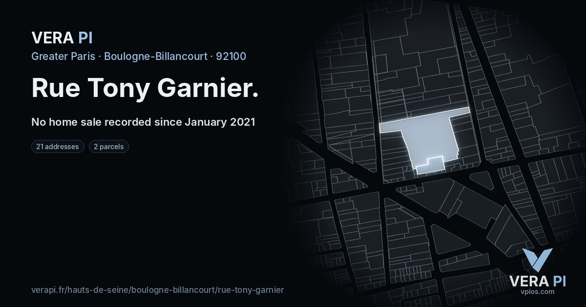Rue Tony Garnier, Boulogne-Billancourt at night – every parcel coloured by the prices around it, the street's own parcels lit